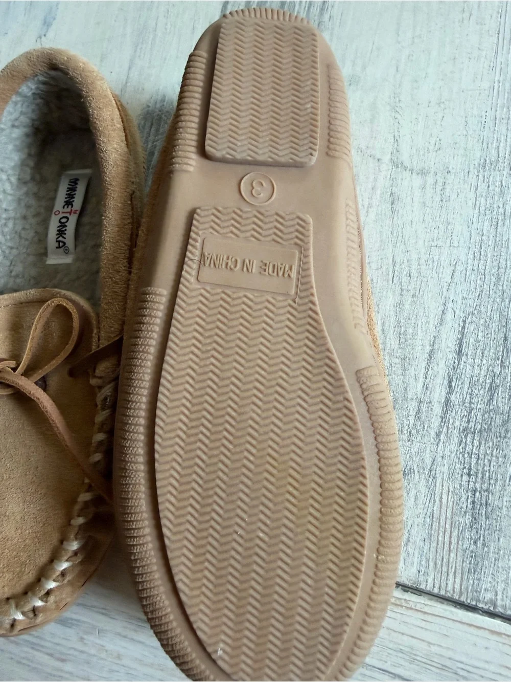 Minnetonka Suede Moccasin Slippers in Tan with Cream Lining
